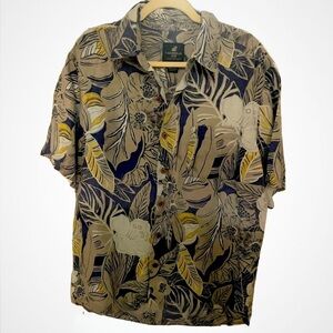 Caribbean Joe Men's Blue and Tan Leaf Print Shirt